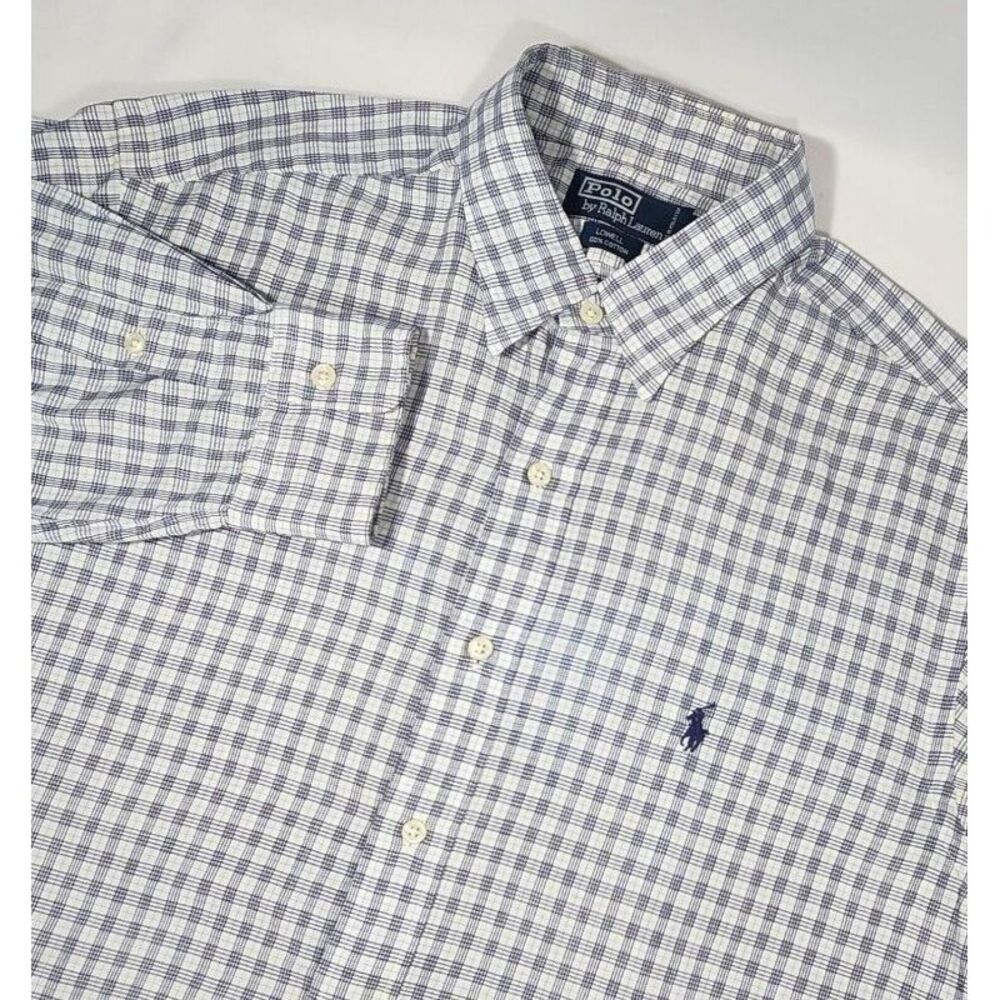 men's RALPH LAUREN Lowell White/Blue PLAID l/s button up (Size L) 16 1/2-33
